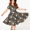 Magnolia Place Plus Size Retro Black Halloween Print Evita Swing Dress