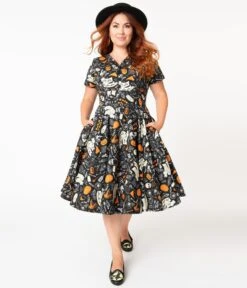 Magnolia Place Plus Size Retro Black Halloween Print Evita Swing Dress -Pleaser Clothing Store 125052 4