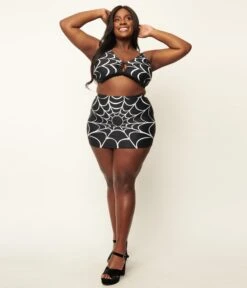 Unique Vintage Plus Size Spiderweb Print Hyde Swim Skirt