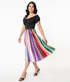 Unique Vintage Rainbow Stripe Pleated Hilty Skirt