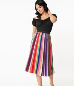 Unique Vintage Rainbow Stripe Pleated Hilty Skirt -Pleaser Clothing Store 131280 4CC