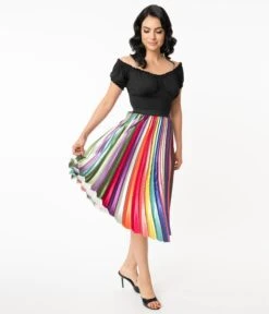 Unique Vintage Rainbow Stripe Pleated Hilty Skirt -Pleaser Clothing Store 131280 5CC