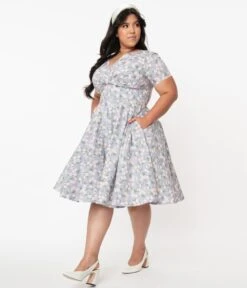 Magnolia Place Plus Size Dusty Blue & Pink Floral Alyssa Swing Dress