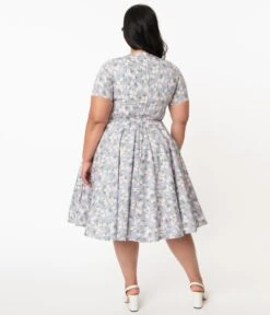 Magnolia Place Plus Size Dusty Blue & Pink Floral Alyssa Swing Dress -Pleaser Clothing Store 153870 3