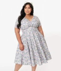 Magnolia Place Plus Size Dusty Blue & Pink Floral Alyssa Swing Dress -Pleaser Clothing Store 153870 4