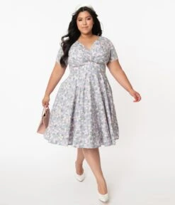 Magnolia Place Plus Size Dusty Blue & Pink Floral Alyssa Swing Dress -Pleaser Clothing Store 153870 5