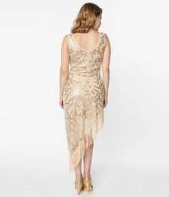 Unique Vintage 1920s Beige Beaded Asymmetrical Fringe Flapper Dress -Pleaser Clothing Store 190045 UV764 3