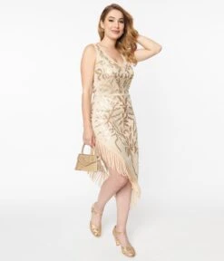 Unique Vintage 1920s Beige Beaded Asymmetrical Fringe Flapper Dress -Pleaser Clothing Store 190045 UV764 5