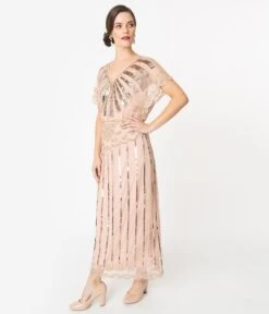 1920s Blush Pink Deco Angelina Maxi Flapper Dress -Pleaser Clothing Store 1920s blush pink deco angelina maxi flapper dress 117186
