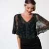 1920s Style Dark Green & Olive Beaded Sheer Mesh Capelet