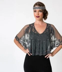 1920s Style Grey & Gun Metal Beaded Sheer Mesh Capelet -Pleaser Clothing Store 1920s style grey gun metal beaded sheer mesh capelet 465415