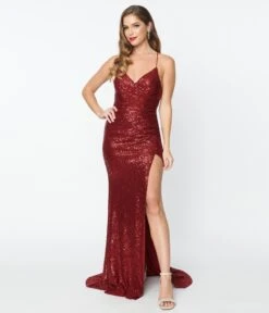 1930s Style Burgundy Sequin Bombshell Gown -Pleaser Clothing Store 1930s style burgundy sequin bombshell gown 294025