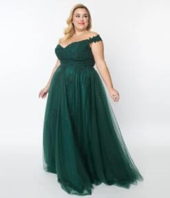 1950s Style Plus Size Emerald Floral Off The Shoulder Ball Gown -Pleaser Clothing Store 1950s style plus size emerald floral off the shoulder ball gown 945792