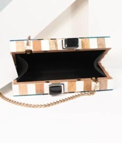 1960s Style Rainbow Chevron Wood & Resin Hard Clutch -Pleaser Clothing Store 1960s style rainbow chevron wood resin hard clutch 197666