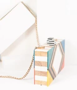 1960s Style Rainbow Chevron Wood & Resin Hard Clutch -Pleaser Clothing Store 1960s style rainbow chevron wood resin hard clutch 642067