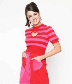 Smak Parlour Red & Pink Stripe Keyhole Heart Sweater -Pleaser Clothing Store 201446 SP470KT3H 4RS