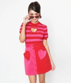 Smak Parlour Red & Pink Stripe Keyhole Heart Sweater -Pleaser Clothing Store 201446 SP470KT3H 5RS