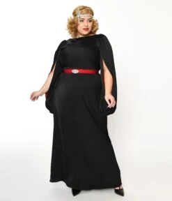 The Great Gatsby X Unique Vintage Plus Size Black Satin & Red Contrast Evening Gown