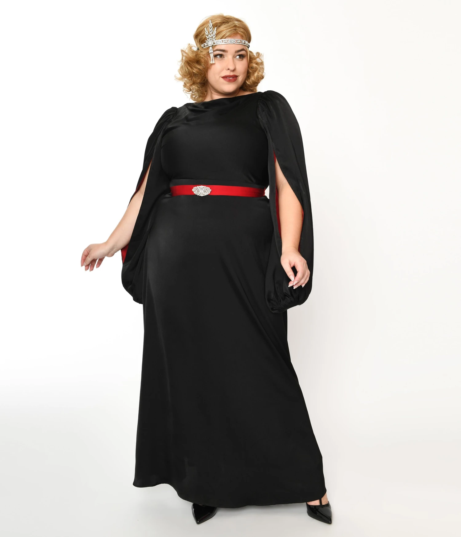 The Great Gatsby X Unique Vintage Plus Size Black Satin & Red Contrast Evening Gown 1 The Great Gatsby X Unique Vintage Plus Size Black Satin & Red Contrast Evening Gown