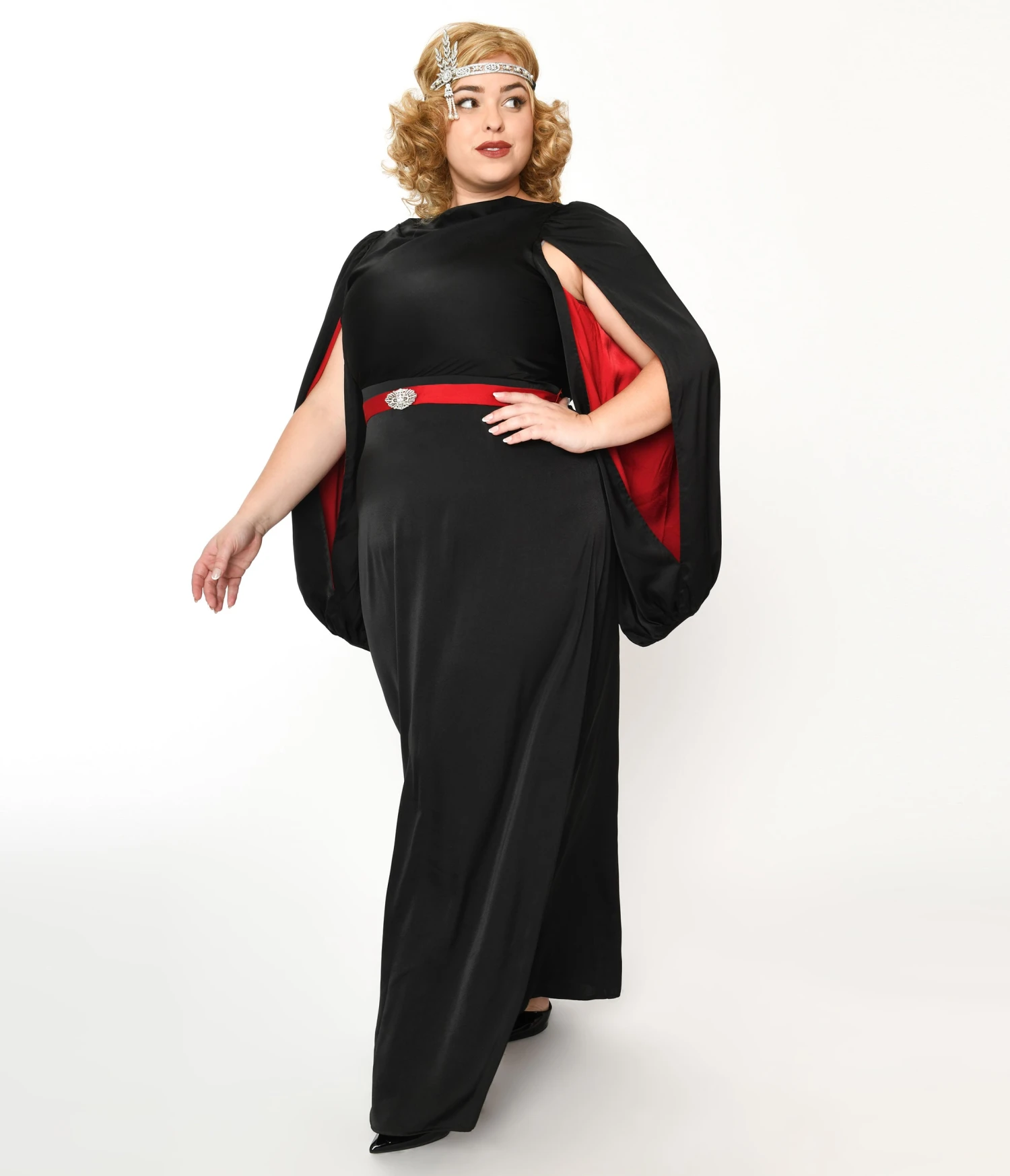 The Great Gatsby X Unique Vintage Plus Size Black Satin & Red Contrast Evening Gown 2 The Great Gatsby X Unique Vintage Plus Size Black Satin & Red Contrast Evening Gown - Image 2
