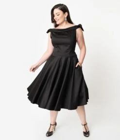 Plus Size 1950s Style Black Off Shoulder Mona Swing Dress -Pleaser Clothing Store 97291 4