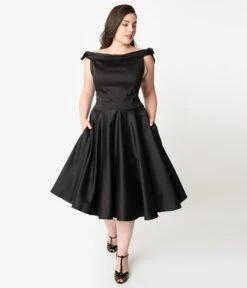 Plus Size 1950s Style Black Off Shoulder Mona Swing Dress -Pleaser Clothing Store 97291 5
