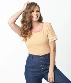 Apricot Stripe Sleeve Knit Top -Pleaser Clothing Store apricot stripe sleeve knit top 112789