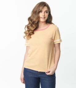 Apricot Stripe Sleeve Knit Top -Pleaser Clothing Store apricot stripe sleeve knit top 451790