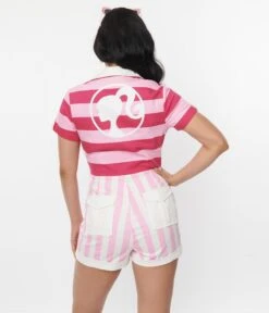 BarbieÎé X Unique Vintage BarbieÎé Pink Multi Stripes Mia Romper -Pleaser Clothing Store barbieie x unique vintage barbieie pink multi stripes mia romper 750784