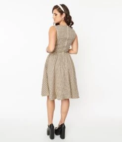 Beige & Black Gingham Swing Dress -Pleaser Clothing Store beige black gingham swing dress 403708