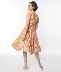 Beige & Orange Floral Fit & Flare Dress -Pleaser Clothing Store beige orange floral fit flare dress 218426