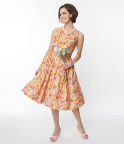 Beige & Orange Floral Fit & Flare Dress -Pleaser Clothing Store beige orange floral fit flare dress 535368