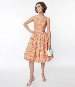 Beige & Orange Floral Fit & Flare Dress -Pleaser Clothing Store beige orange floral fit flare dress 756231