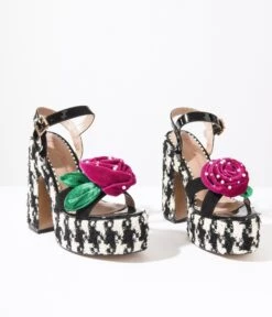Betsey Johnson Black & White Houndstooth Rosette Platforms