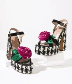 Betsey Johnson Black & White Houndstooth Rosette Platforms -Pleaser Clothing Store betsey johnson black white houndstooth rosette platforms 730720
