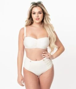 Bettie Page X Playful Promises Cream Sweetheart Bandeu Swim Top -Pleaser Clothing Store bettie page x playful promises cream sweetheart bandeu swim top 359969