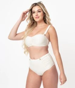 Bettie Page X Playful Promises Cream Sweetheart Bandeu Swim Top -Pleaser Clothing Store bettie page x playful promises cream sweetheart bandeu swim top 801934