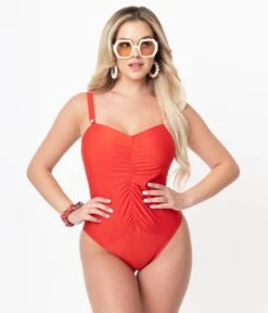 Bettie Page X Playful Promises Honey Red One Piece Swimsuit -Pleaser Clothing Store bettie page x playful promises honey red one piece swimsuit 321205