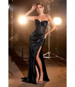 Cinderella Divine Black Beaded Satin Corset Prom Dress
