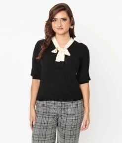 Black & Cream Bow Sweater -Pleaser Clothing Store black cream bow sweater 252164