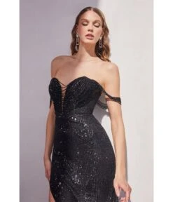 Cinderella Divine Black Dazzling Beaded Draped Sequin Prom Dress -Pleaser Clothing Store black dazzling beaded draped sequin prom dress 724547