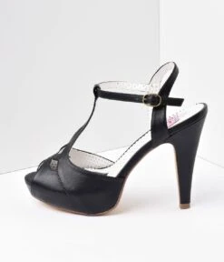 PLEASER Black Faux Leather Bettie T-Strap Peep Toe Pump -Pleaser Clothing Store black faux leather bettie t strap peep toe pump 141135