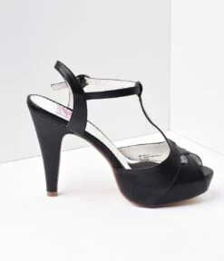 PLEASER Black Faux Leather Bettie T-Strap Peep Toe Pump -Pleaser Clothing Store black faux leather bettie t strap peep toe pump 866041
