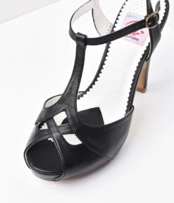 PLEASER Black Faux Leather Bettie T-Strap Peep Toe Pump -Pleaser Clothing Store black faux leather bettie t strap peep toe pump 922417