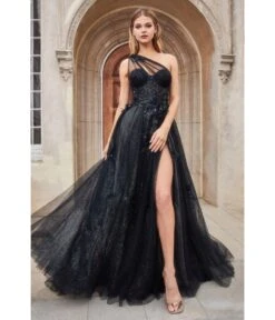 Cinderella Divine Black Floral Applique One Shoulder Leila Evening Gown
