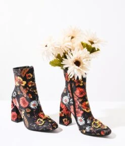 Black Floral Faux Buckle Booties