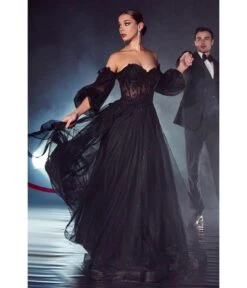 Cinderella Divine Black Glitter Off The Shoulder Corset Prom Gown