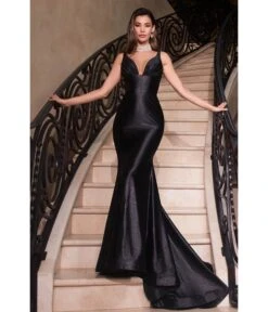 Cinderella Divine Black Glitter Satin Plunging Mermaid Gown