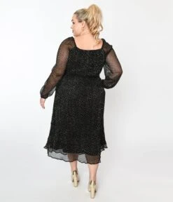 Black & Gold Foil Pin Dot Pleated Midi Dress -Pleaser Clothing Store black gold foil pin dot pleated midi dress 655329