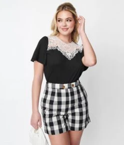 Black & Lace Trim Ribbed Knit Top